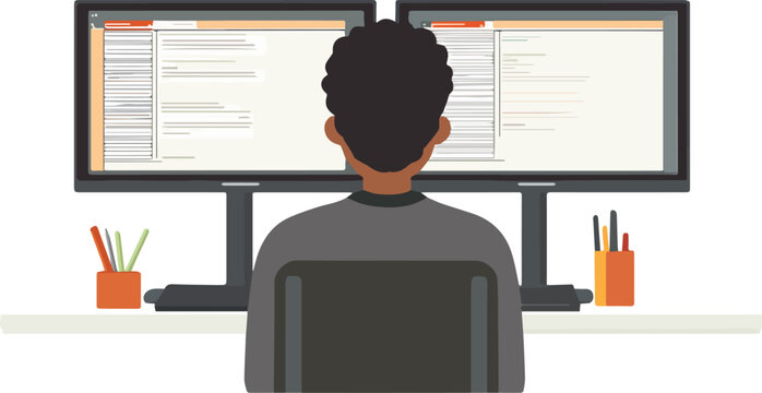 African American software developer working from home with dual monitors coding programming interface design illustration