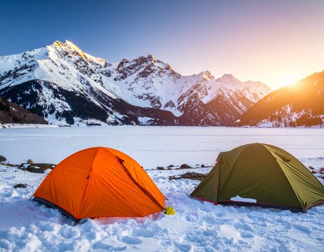 Winter Camping in Racha, Georgia &ndash; Sunset by Frozen Lake with Greater Caucasus Panora