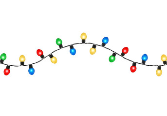 A vibrant string of traditional multi-colored christmas lights against a stark black background