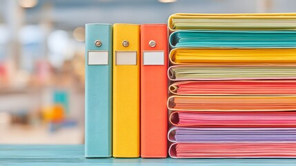 Stack of colorful binders with a blue background. The binders are arranged in a rainbow order, with the top one being the most colorful. Concept of organization and order