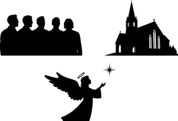 Silhouette collection featuring an angel with a star a group of men and a traditional church building perfect for religious themes