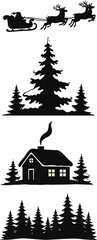 Black silhouette icons featuring santa sleigh reindeer forest trees and a cozy cabin with smoke from the chimney