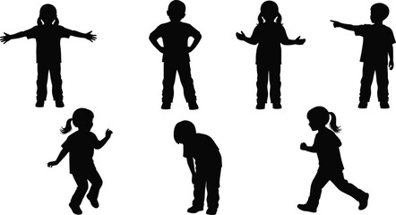 Expressive child silhouette icon set, black figures in varied poses and gestures, body language and youth behavior concept graphic ©  BAKKOR