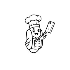 Chef Hot Dog/Sausage Mascot Line Art. Black and White Vector Icon of Cartoon Character with Cleaver for Food Industry Logo, Butcher Shop, Restaurant Menu, or Culinary Branding Generative AI