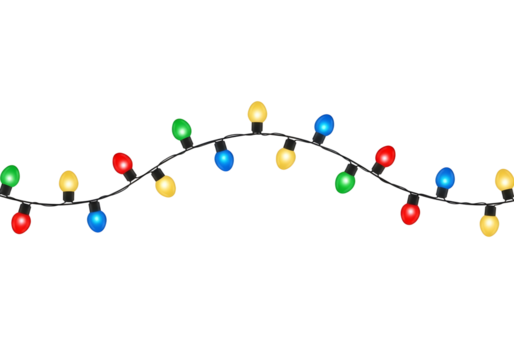 A vibrant string of traditional multi-colored christmas lights against a stark black background - Powered by Adobe