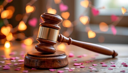 Love's Judgement: A wooden gavel rests upon its block, set against a romantic backdrop of soft, heart-shaped lights and confetti, symbolizing the declaration of love or resolution.