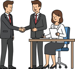 Obraz premium Business Handshake Agreement Signing Contract Female Employee Sitting at Desk Three People Meeting Illustration