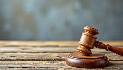 Justice's Verdict: A solemn wooden gavel rests on a rustic wooden table, its presence hinting at the weight of law and order, under the somber gaze of the background.