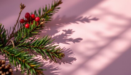 Evergreen Branch and Berry: A detailed shot of an evergreen branch adorned with vibrant red berries, casting intricate shadows against a soft, pink backdrop, inviting a sense of seasonal joy.