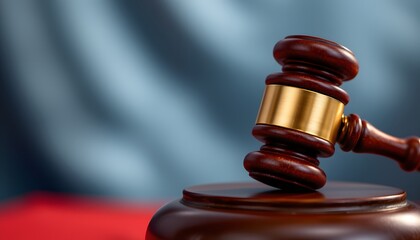 Gavel and Justice: A close-up shot of a wooden gavel resting on its block, positioned in front of a blurry background. Evoking notions of justice, law, and order.