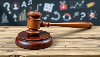 Wooden Gavel on a Wooden Table: A close-up shot of a wooden gavel and sound block placed on top of a light brown wooden table, with diverse symbols on the background.