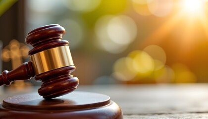 Law and Order: A close-up view of a wooden gavel and sound block, symbolizing justice, law, and legal proceedings. Emphasizing the structure, regulation, and system of the courtroom.