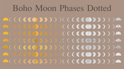 Boho Moon Phases Vector Set, Gold,Silver, Dotted