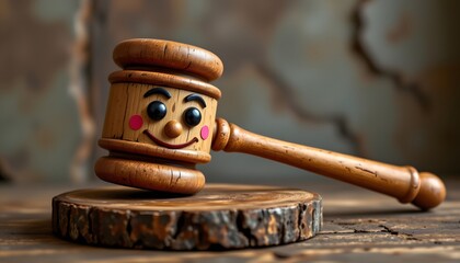 Gavel with Friendly Expression: a close-up of a gavel with a smiling face on a wooden stand