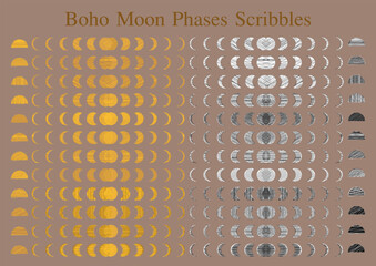 Boho Moon Phases Vector Set, Scribble,Gold,Silver,