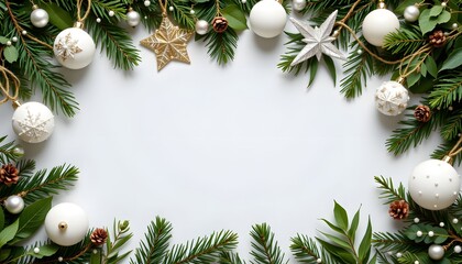 Festive Frame: An elegantly composed holiday frame adorned with glistening ornaments and lush evergreen sprigs, perfect for seasonal greetings.