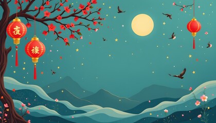Lanterns of Tradition: Amidst a tranquil nightscape, glowing lanterns and blossoming branches celebrate a cultural festival under the full moon. Symbolizing prosperity and auspiciousness.
