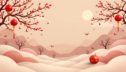 Harmony of Lanterns and Blossoms: A serene scene unfolds, where a landscape of rolling hills is adorned with delicate blossoms and hanging lanterns.