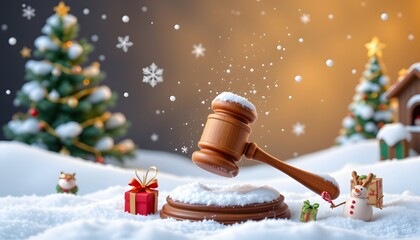 Holiday Verdict: A festive gavel rests atop a snowy base, surrounded by a Christmas tree, snow, and presents. The scene evokes a sense of holiday celebration, merriment, and winter wonder.