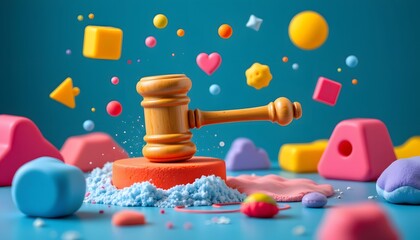 Law of Childhood: A playful scene features a wooden gavel amidst an array of colorful toys and geometric shapes, symbolizing justice and fairness in a child-centered setting.