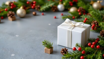 Festive Gift Amidst Holiday Embellishments: A pristine white gift box, delicately tied with a ribbon, takes center stage amidst an array of Christmas adornments and seasonal decorations.