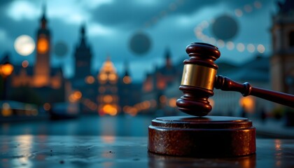 Gavel on the Horizon: A wooden gavel rests on a wooden base, set against a blurred backdrop of an iconic landmark, symbolizing justice and law.
