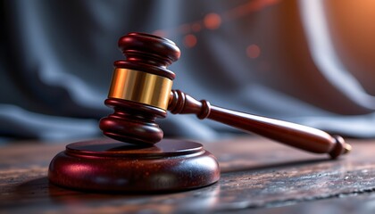 Legal Precision: A close-up shot of a wooden gavel, resting on its wooden block, a symbol of justice, power, and the legal process, positioned on a textured surface.