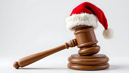 Festive Justice: A whimsical scene as a judge's gavel is adorned with a Santa hat. A humorous take on legal proceedings during the holiday season.