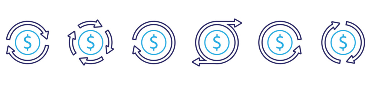 Return money and cashback icon collection featuring rebate, refund, ROI, savings accounts, and exchange symbols, ideal for purchase rewards and digital payment systems.