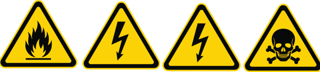 Vector illustration of hazard warning signs&mdash;symbols for safety alert, workplace danger, industrial caution, and protective signage reference