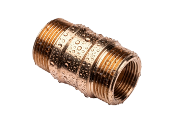 Glistening brass plumbing connector with numerous water beads against a dark backdrop