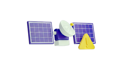 3D Satellite Dish and Solar Panels with Warning Sign
