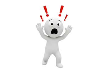 A 3d white man character is terrified with wide eyes and open mouth, expressing shock and alarm with exclamation marks
