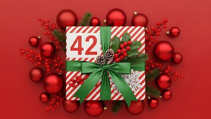 Christmas gift box with red and white stripes and green ribbon