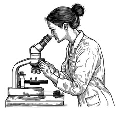 Female lab technician using microscope line art collage element isolated on white or transparent PNG background. Perfect for science, medical, and research themed creative design projects.