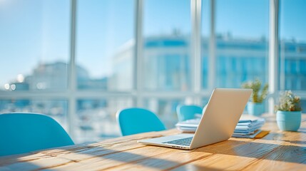 Fototapeta premium Laptop is sitting on a wooden table in front of a window. The room is bright and airy, with a view of a city skyline in the background. The laptop is open and ready for use