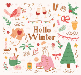 retro vintage. winter pattern, cute illustration.  tree, glass, dots, snow, simple  design. hand drawn doodles are isolated on a pink background. A trend concept for print, banner, print