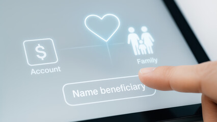 Financial transfer on digital screen with silver icons representing economy and wealth for family beneficiary