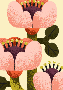 Whimsical floral poster design. Flower blossoms, abstract botanical art, nature card. Spring and summer garden flora, blooms, vertical background in modern creative style. Flat vector illustration.