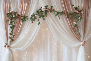 White curtains decorated with flowers and soft lights.