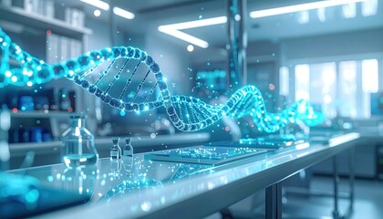 Personalized Healthcare: DNA sequence visualization layered over medical interface in research laboratory
