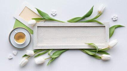 Wooden signboard surrounded by white tulips, green leaves and a teacup