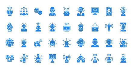Collection of blue icons representing technology, communication, and digital concepts on