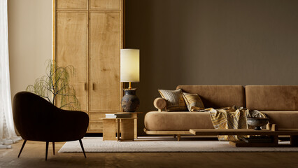 A warm and elegant living room interior with natural wood finishes, modern seating, soft daylight, and refined decor elements that create a serene contemporary atmosphere. 3D illustration