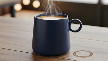 Steaming hot coffee in a dark blue mug on a wooden table
