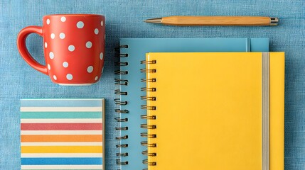 Yellow notebook sits on a blue table with a red coffee mug and a wooden pencil. The scene suggests a creative and organized workspace, with the notebook likely used for jotting down ideas, notes