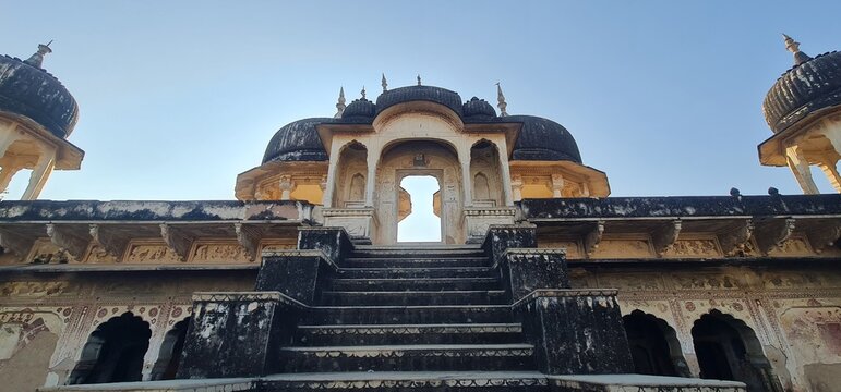 Historical Heritage: The Weathered and Abandoned Medieval Pavilion Building with Stone Domes in Mandawa, Rajasthan, India