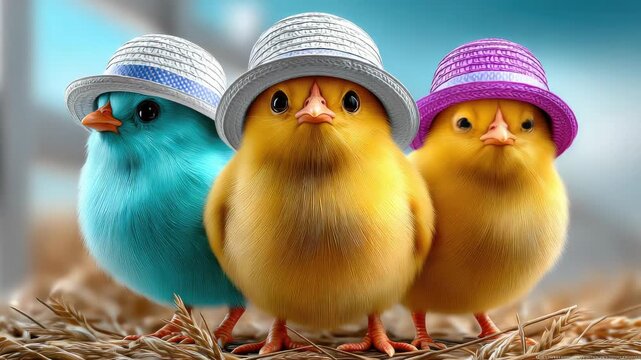 Three adorable baby chicks in straw hatsyellow, blue and purpleperched on hay, playful and fluffy, perfect for Easter, spring celebrations, cards and cheerful designs