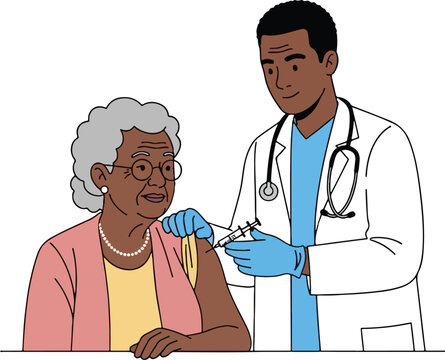 Young African American male doctor administering vaccine injection to smiling elderly Black woman patient in arm protecting against illness flu shot