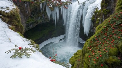A winter wonderland scene featuring a large waterfall, surrounded by snow, icicles, green moss, and red berries.